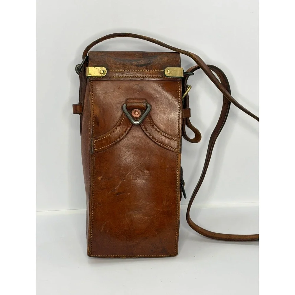 Vintage Brown Leather Military Field Bag Messenger Crossbody Buckle Strap